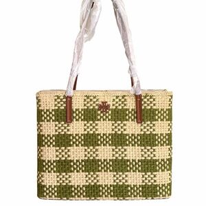 Tory Burch Blake Straw Center Zip Tote Resort Chic Green NWT